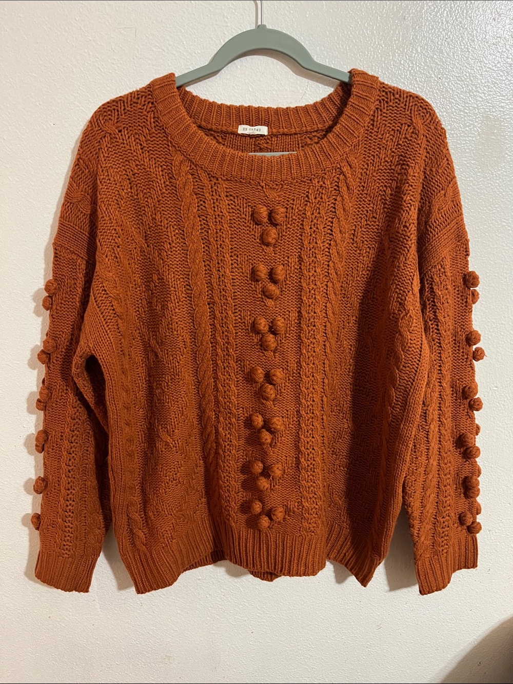 En Creme Pom-Pom Cable Knit Crew Sweater - Rust Orange